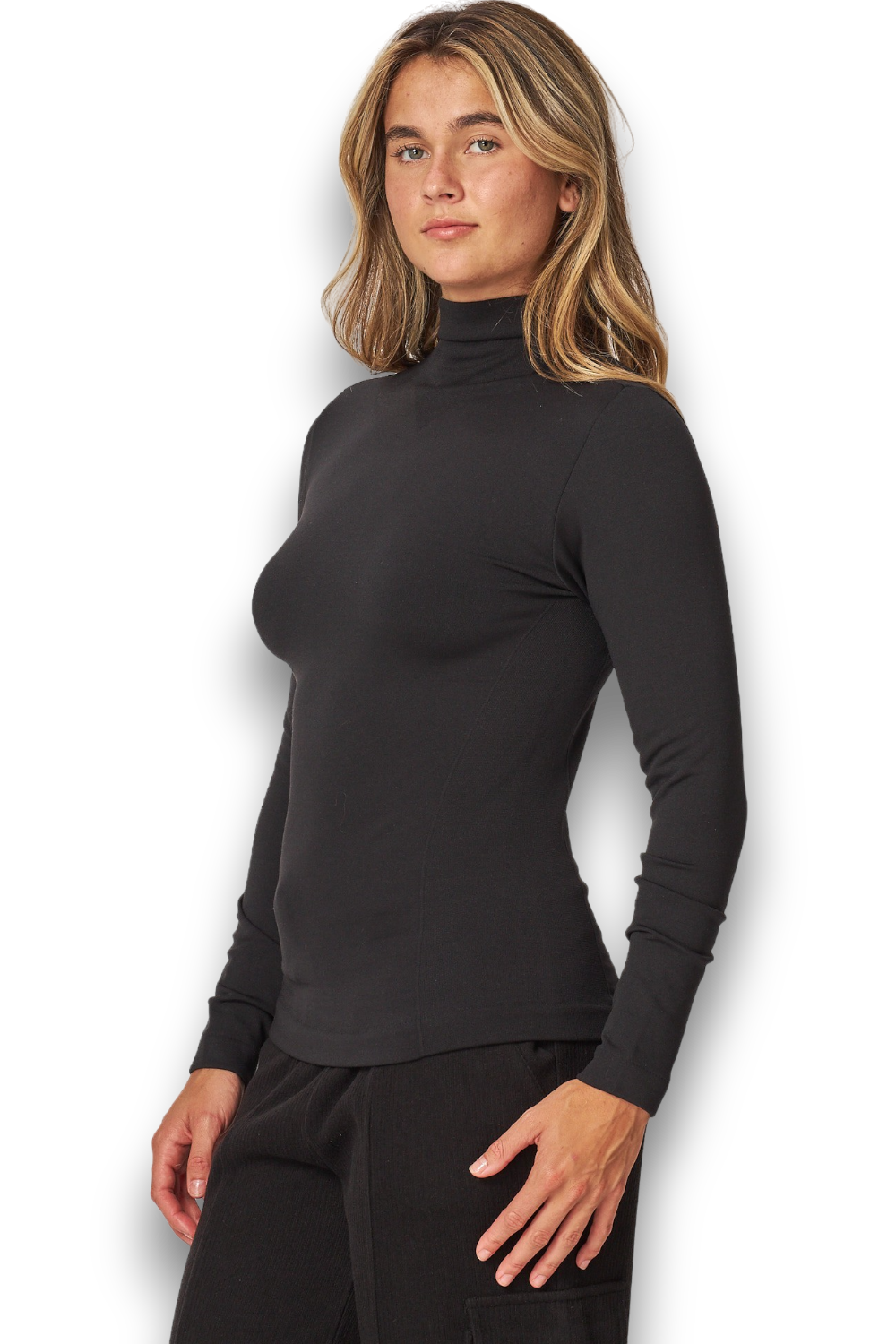 FLEECE LINED SEAMLESS ROUND NECK LONG SLEEVE TOP IN BLACK