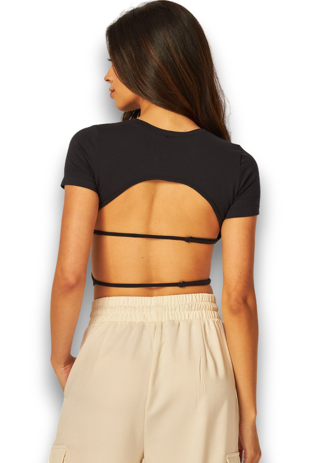 SEAMLESS OPEN BACK TEE IN BLACK