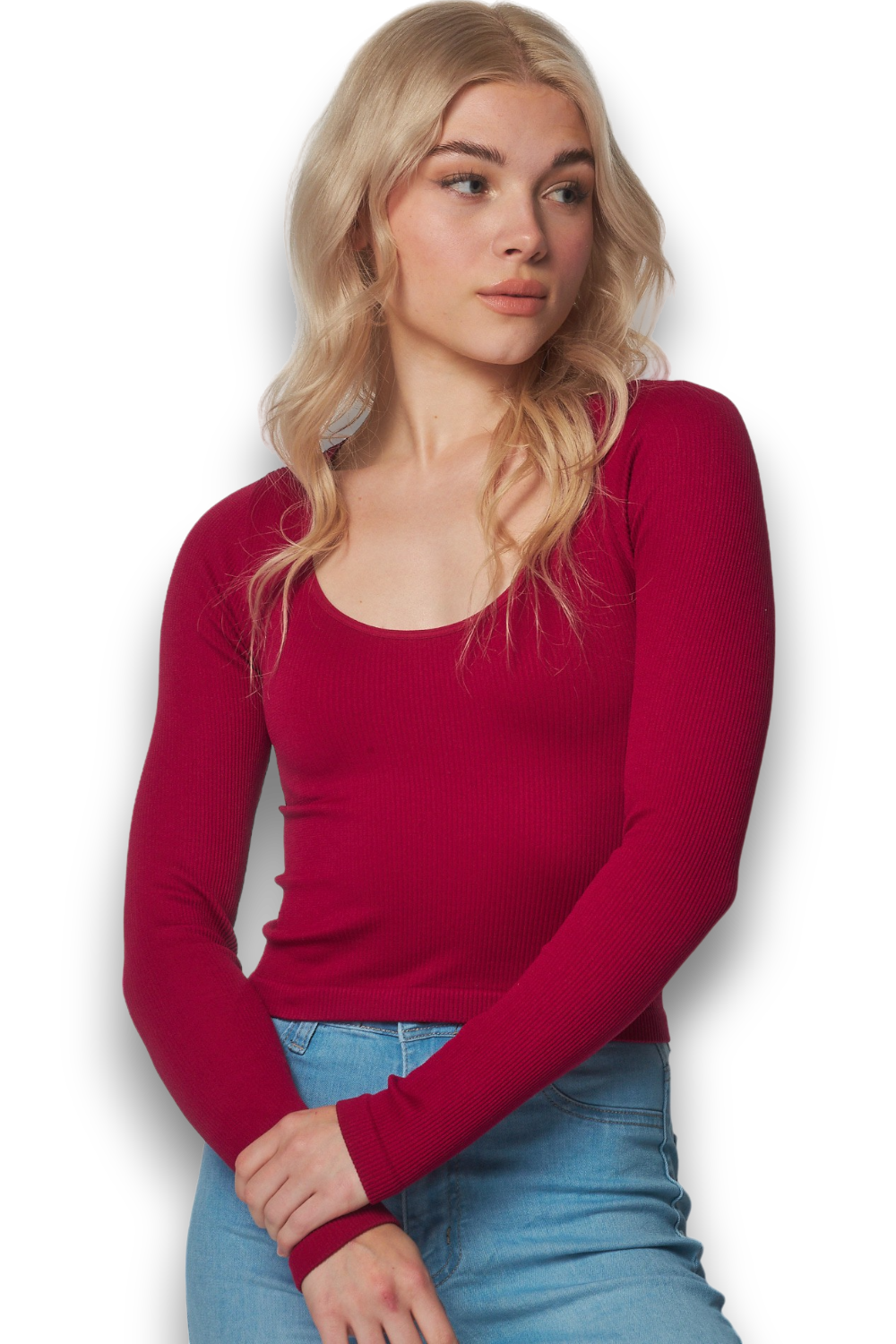 SEAMLESS SCOOP NECK LONG SLEEVE TOP IN CERISE