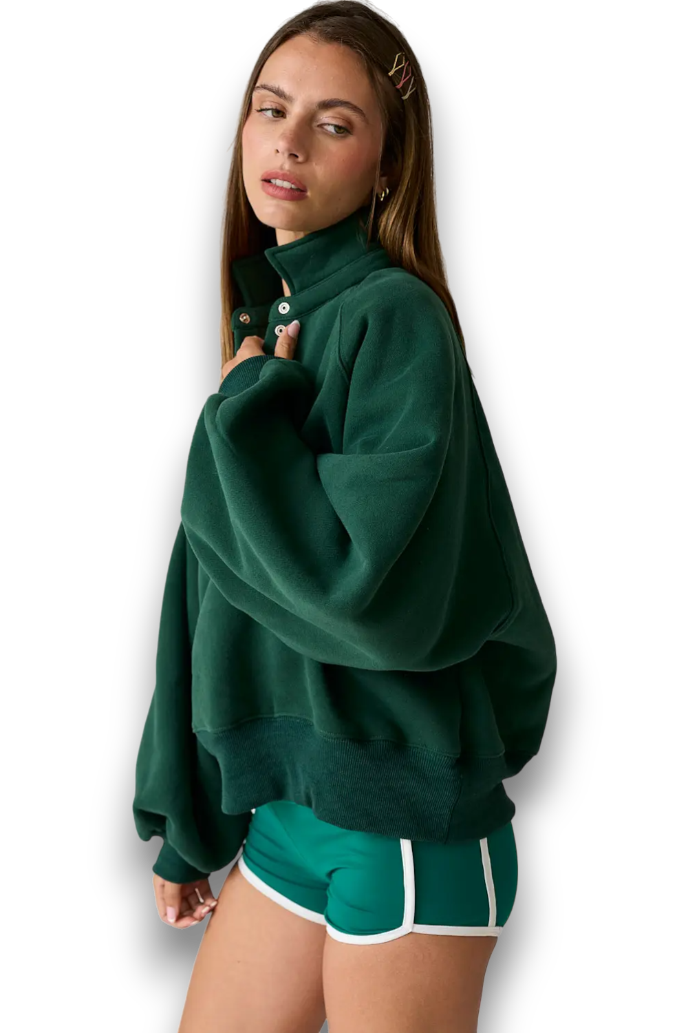 SNAP IN A COLLARD SWEATER IN HUNTER GREEN