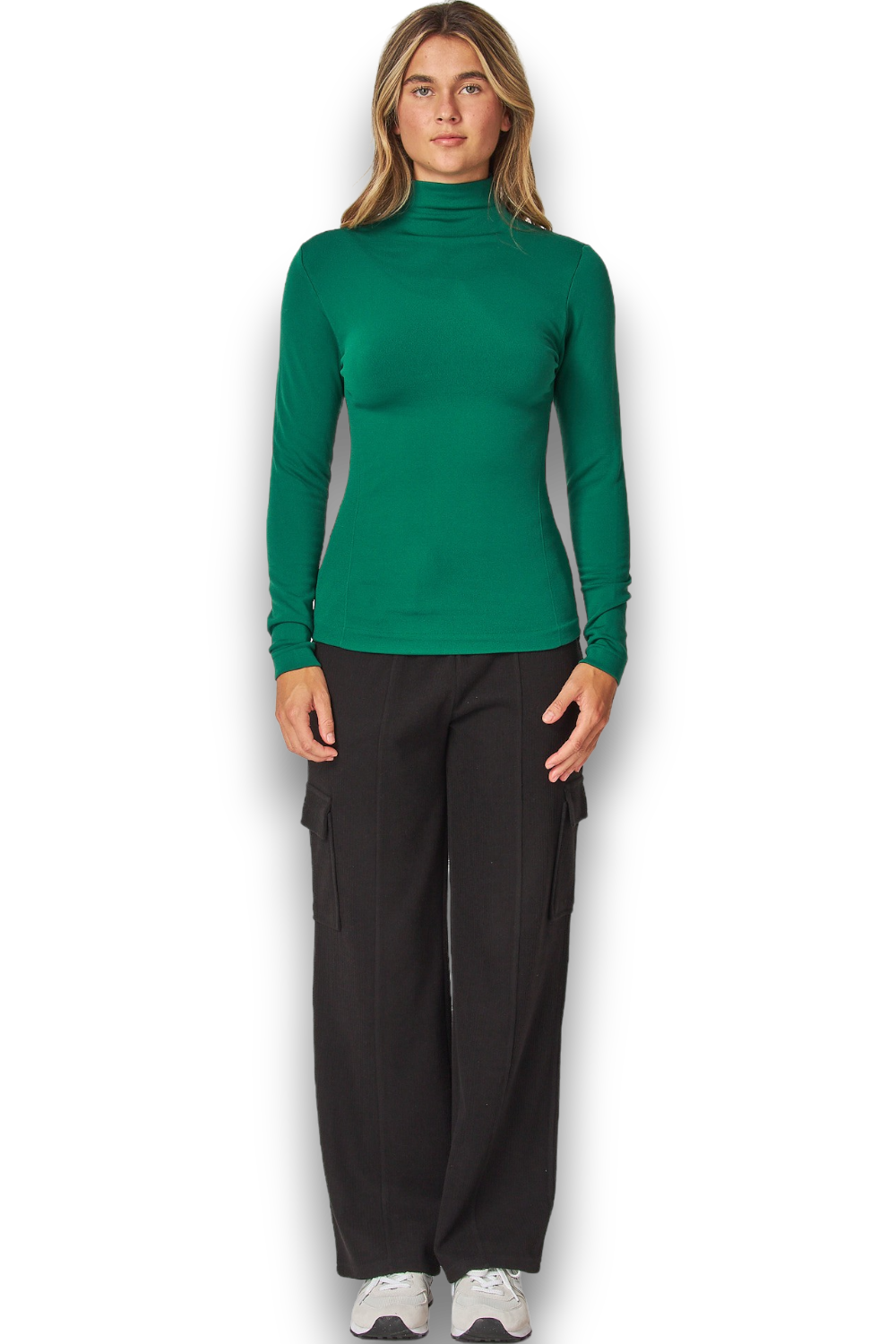 FLEECE LINED SEAMLESS ROUND NECK LONG SLEEVE TOP IN GREEN JACKET